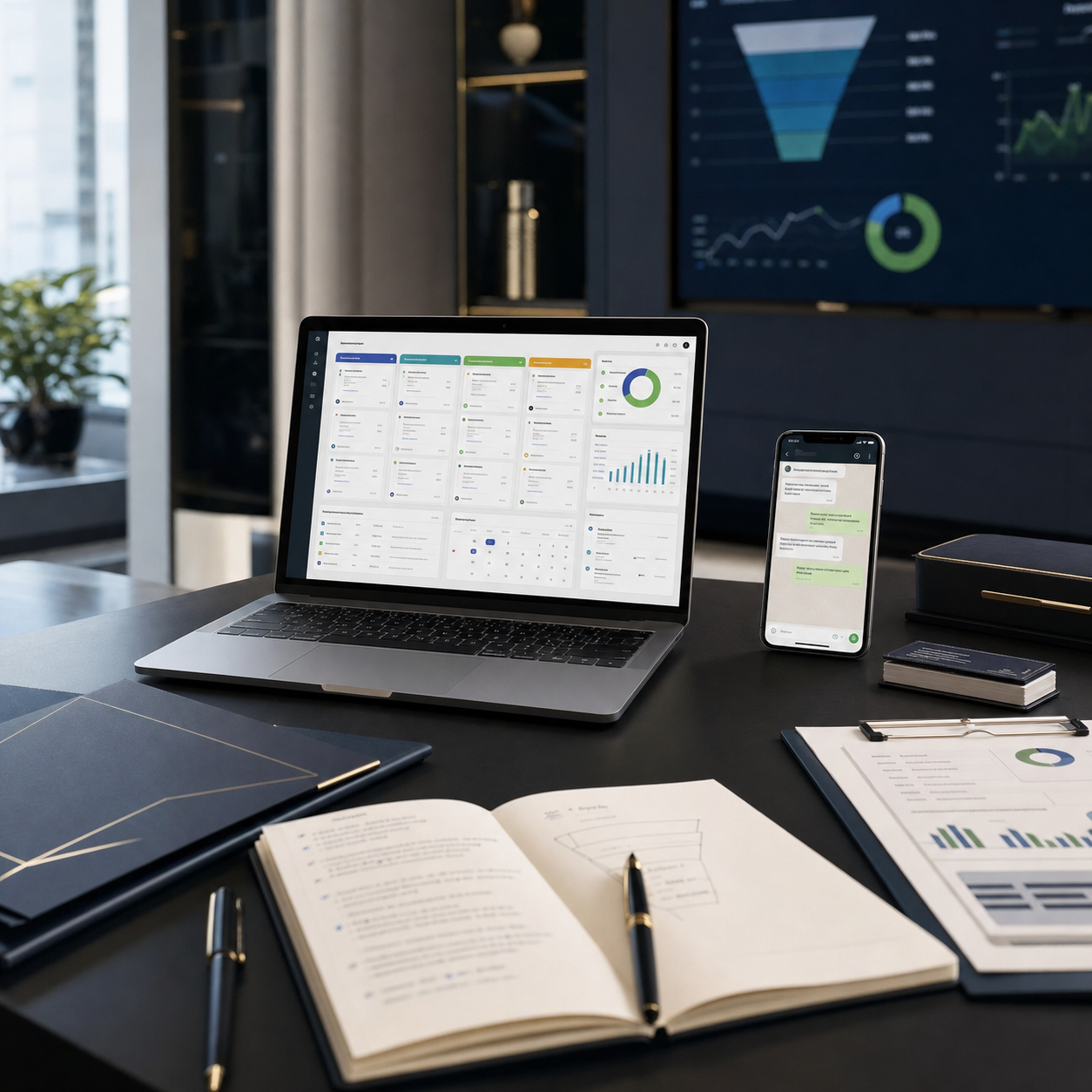 Mesa de pipeline comercial com dashboard de funil, propostas e mensagens de WhatsApp